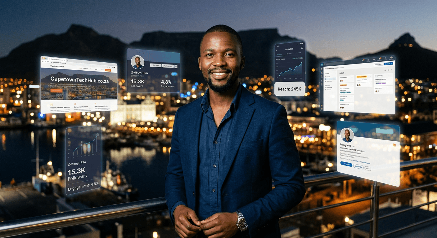 Cape Town digital professional surrounded by analytics dashboards, social media growth metrics and website results — Tishbite Digital